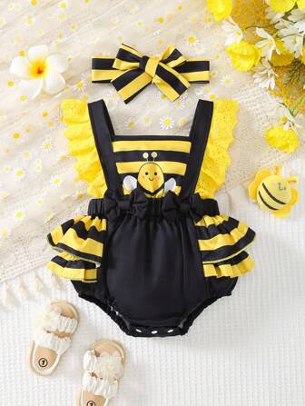 Mono de pierna a presión con estampado de abeja y mangas con volantes, ropa casual para niñas bebé