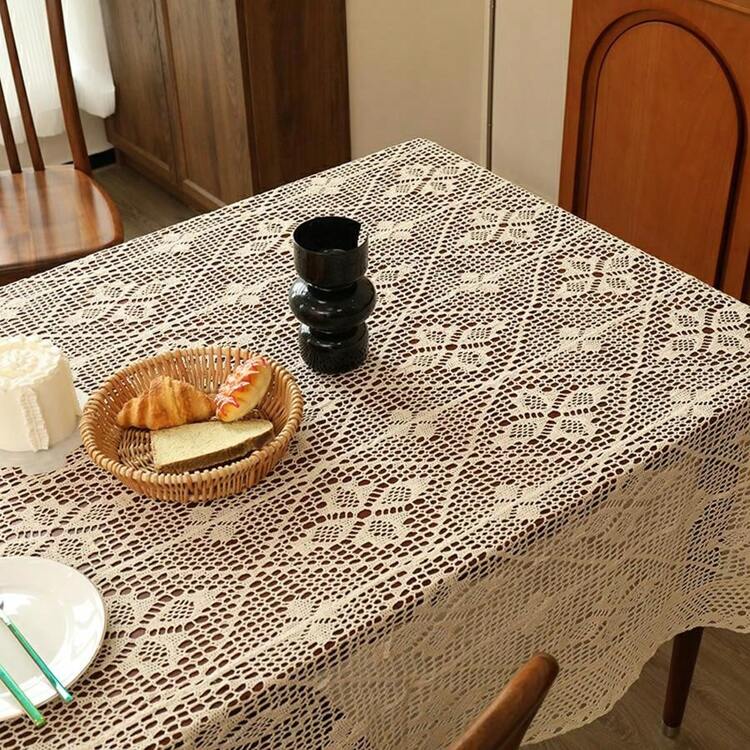 经典钩针乡村风苏桌布，米色清新长方形桌布，多种钩针图案可供选择，桌面、婚礼、长桌、梳妆台、装饰背景桌布，钢琴和冰箱盖布 - 米色 - 查看 4