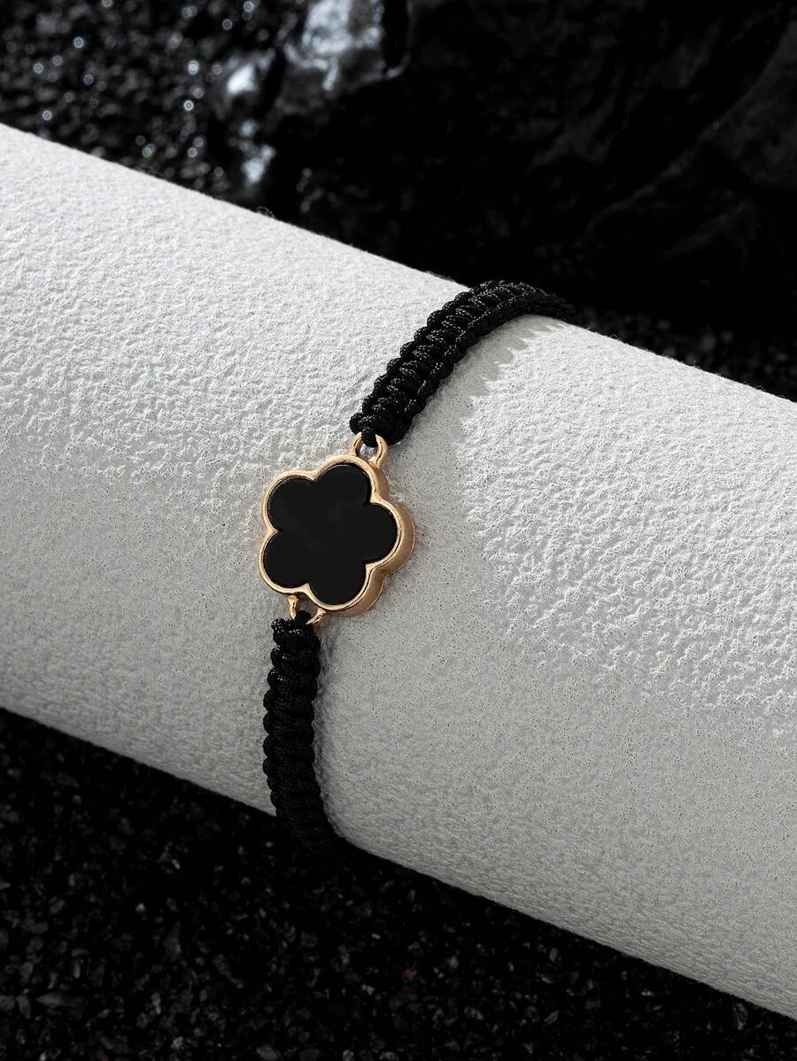 1 件时尚商务幸运五叶草吊坠男士编织手链，生日礼物 - 黑色 - 查看 1