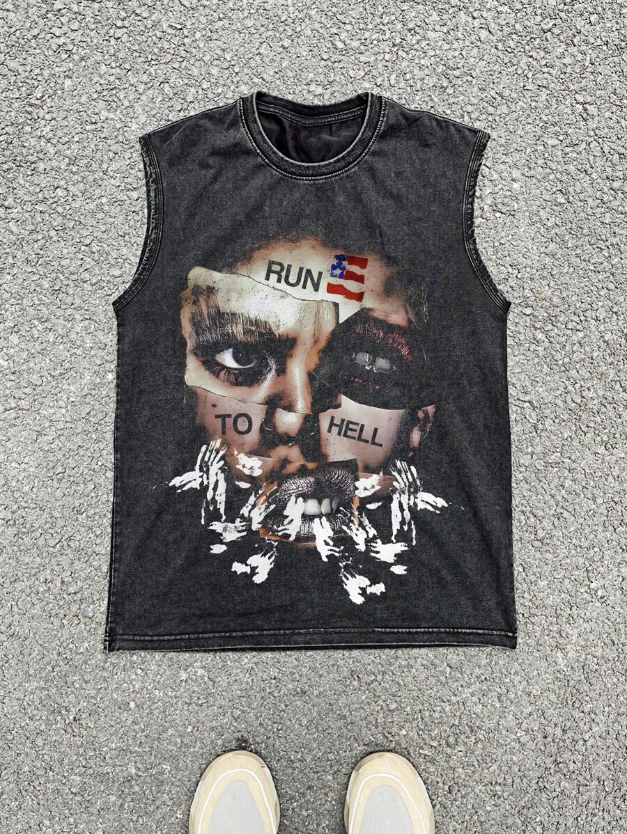 Men's Round Neck Casual Loose Vintage Acid-Washed Print Sleeveless Tank Top - Black - View 1