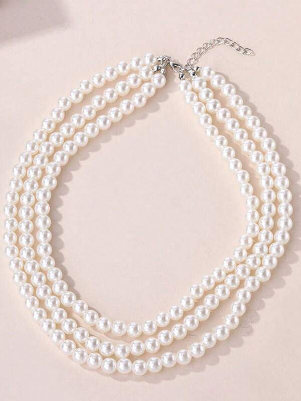 1pc Elegant Layered Faux Pearl Necklace, Vintage High-End Luxury Jewelry Accessory For Women, Wedding Day Fashion