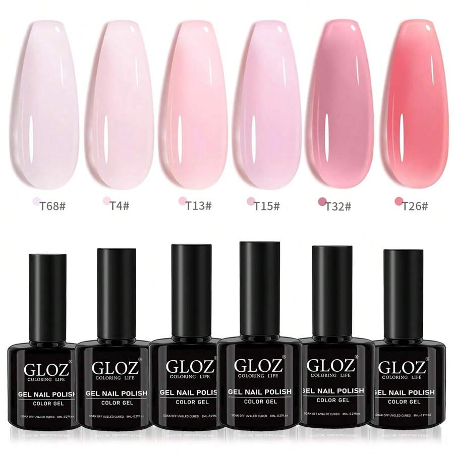 GLOZ 6 Colors Jelly Gel Nail Polish Sheer Pink Gel Nail Polish Crystal Transparent Milky Gel Polish Kit Nail Art Varnish Collection Gift Set