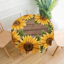 1pc Wood Grain Sunflower Print Tablecloth, Modern Polyester Rectangular & Round Waterproof Tablecloth, Digital Printing Suitable For Living Room, Home, Outdoor Dining Table, Small Round Table - Multicolor - View 14