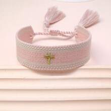 1 pieza Pulsera trenzada con bordado de cruz creativo - Rosa Pálido - Ver 5