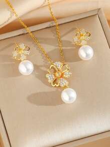 3 pièces Ensemble de bijoux mode luxueux avec collier et boucles d'oreilles pendentif fleur incrusté de cubic zirconia et faux perles, convient pour les femmes pour les fêtes et le port quotidien, idéal pour un cadeau de vacances