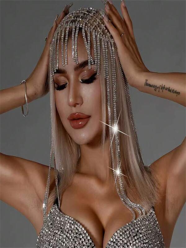 1pc Rhinestone Tassel Hair Clips, Exaggerated Long & Rhinestone Boho Beach Party Hair Accessories, Copper