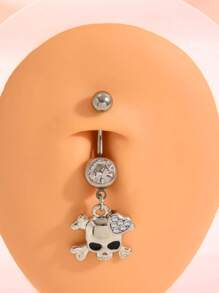 1pc Stainless Steel Rhinestone Skull Navel Ring, Suitable For Daily Wear, Music Festivals, Halloween