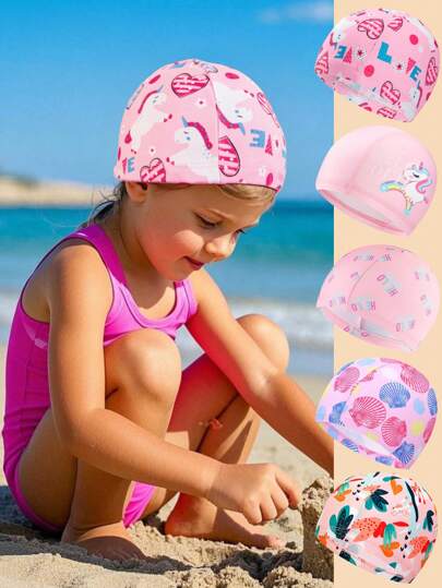 1 pieza Gorra de natación suave con diseño de unicornio y concha para niños, adecuada para nadar y jugar en la playa, con un estilo dulce y encantador perfecto para fiestas de verano y de piscina