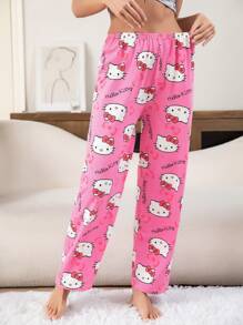 1pc Sanrio Character Series Fully Allover Print Hello Kitty Milk Silk Casual/Loungewear Pants, Cartoon Cat Loose Sleepwear Bottoms For Women - Hồng - Xem 13