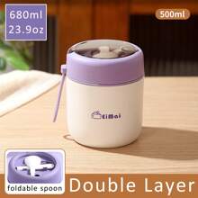 1 Pc Stainless Steel Vacuum Thermal Portable Lunch Box Double Layer 500ml & 680ml Insulated Lunch Food Warmer Soup Cup Insulated Containers Bento Lunch Box With Foldable Spoon (Lid Randomly Shiped),School Supplies