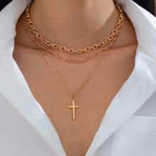 4pcs Fashion Cross Alloy Pendant Necklaces With Geometric Multi Layer Chain Design, Versatile Accessories For Women