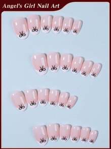 24pcs Short Oval Cute Bow Pattern Design White French Tip Press On Nails Short Fit Perfectly Acrylic Fake Nail Set ,Include:1pc Jelly Glue And 1pc Nail File, French Tip Nails For Women And Girls Daily Life And Party Valentine's Day Use