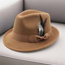 Feather Hats Vintage Short Brim Felt Fedora Hats For Women Men Jazz Hats - Màu Khaki - Xem 1