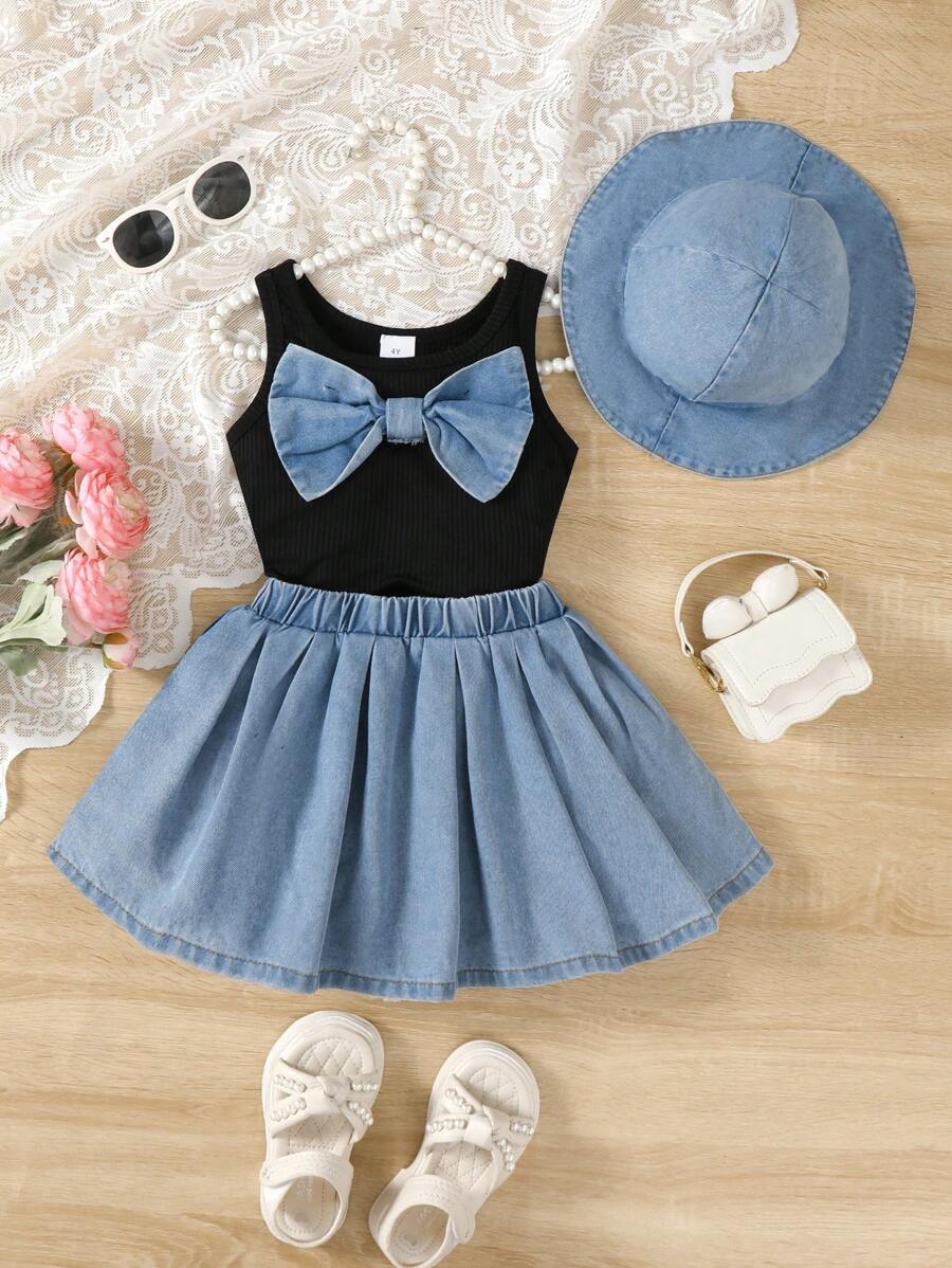 3pcs Set Young Girl Casual Elegant Big Bow Sleeveless Top, Pleated Skirt Denim Skirt And Hat Outfit - Black - View 1
