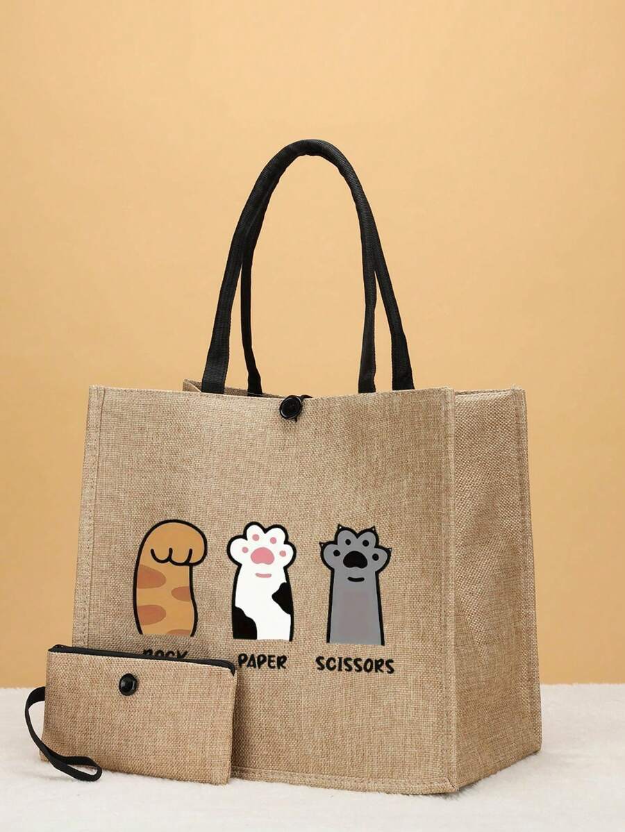 2pcs/Set Linen Travel Tote Bag Combination Set, Beach Bag For Vacation, Holiday, Travel, Daily Use - Gift For Cat Lover Friends