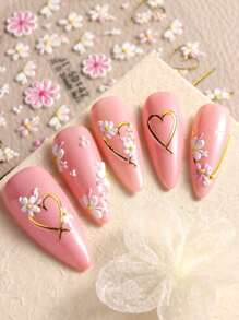 2 Pieces Of Spring And Summer Hot Stamping Flower Heart-Shaped Relief Nail Art Stickers - Gold, Pink, White Flowers, Hollow Heart-Shaped Flower Art Design, 5d Relief Technology, Suitable For Women's Disposable Self-Adhesive Back Adhesive Nail Art Stickers, Spring And Summer Fresh And Simple Hot Stamping Flower Theme Style, Easy To Stick Nail Decoration Stickers