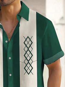 Retro Bowling Style Striped & Geometric Print Buttoned Pocket Men's Shirt - Green - View 5