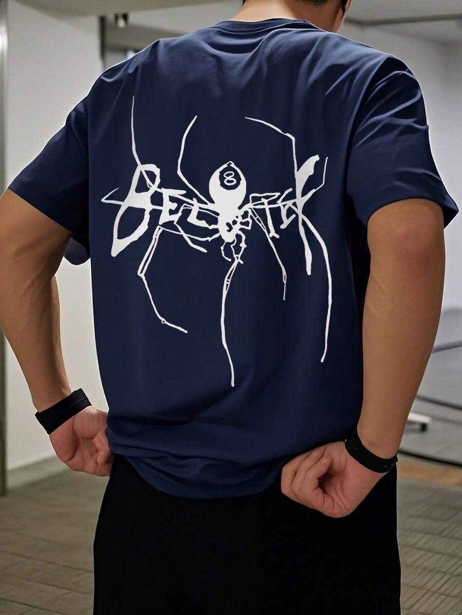 Camvyn Men's Summer Letter & Spider Print Round Neck Short Sleeve Casual T-Shirt - Navy Blue - View 1