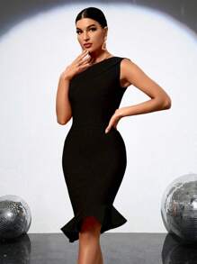 夏季时尚性感优雅单肩美人鱼中长款紧身连衣裙绷带连衣裙黑色夜间外出晚会鸡尾酒会连衣裙