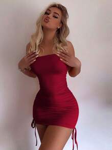 1 pieza Vestido mini ajustado de estilo europeo sexy con pliegues, vestido de tirantes de verano de moda con ajuste ceñido