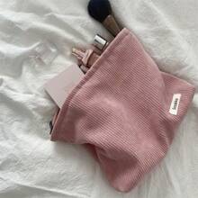 1pc Corduroy Travel Makeup Bag With Zipper, Perfect For Beauty Essentials, Lipstick Bag, Women's Makeup Bag, Small Bag Storage Makeup Bag, Pencil Case Makeup Brush Holder, Toilet Bag, Makeup Bag Beach Bag,Toiletry Bag Back To School