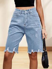Womens Ripped Bermuda Denim Shorts Casual High Waist Raw Hem Knee Length Jean Shorts