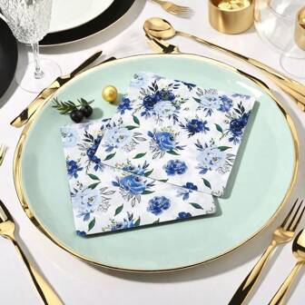 20pcs Navy Blue Floral Paper Napkins, Watercolor Blue & White Peony Decorative Tissues, Suitable For Weddings, Holidays, Bridal Shower, Birthday Parties, Bathroom, Kitchen Table Decor, Party Supplies