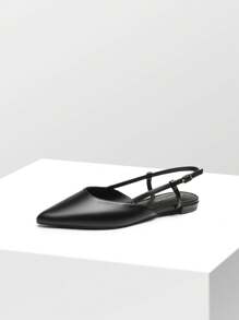 Women's Elegant Pointed-Toe Slingback Ballet Flats Leather Buckle Strap Classic Low Heel Dress Shoes For Casual Work Office Party - Black - View 4