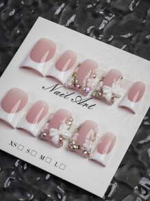 10pcs Y2K Pink & White French Manicure Fake Nails, Bow Design, Rhinestone Decor, Small White Flower Accent, Suitable For Daily, Wedding, Party, Holiday Outfits, Great Gift For Women And Girls Nail Supplies - Pink - View 7