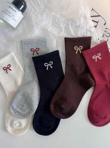 3 双儿童中筒袜带蝴蝶结，黑色袜子，白色袜子，灰色袜子，红色袜子，适合所有季节，颜色随机 - 彩色 - 查看 10
