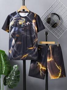 2pcs/Set Casual Black Outfit For Teen Boys, Round Neck Short Sleeve T-Shirt & Shorts, Tiger And Lightning 3D Print Pattern, Streetwear Style, College Vibe - Black - View 3
