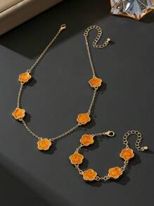 1 套复古夏季度假风格多巴胺亮橙色五叶草吊坠项链和手链女士 - 橘色 - 查看 4