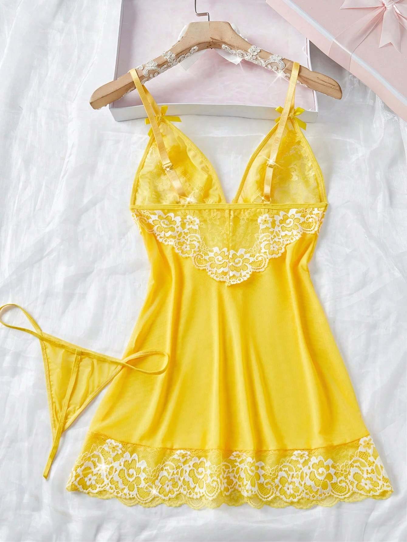Women Sexy Lingerie Lace Babydoll Thong Nightgown Revealing Hollow Out Sleepwear