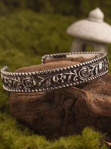 1pc Vintage Adjustable Skull & Rose Floral Engraved Bangle Bracelet, Rocks/Casual Style For Men
