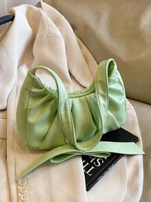 1pc Fashionable Green PU Pleated Cloud Shoulder Bag With Bow Decor, Simple & Elegant For Women