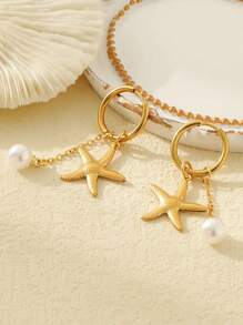 ZIRUISP 1pc Stainless Steel Gold-Color Earrings With Faux Pearl, Starfish, Seashell Decor, Beach Resort Style Jewelry For Women, Summer - Gold - View 7