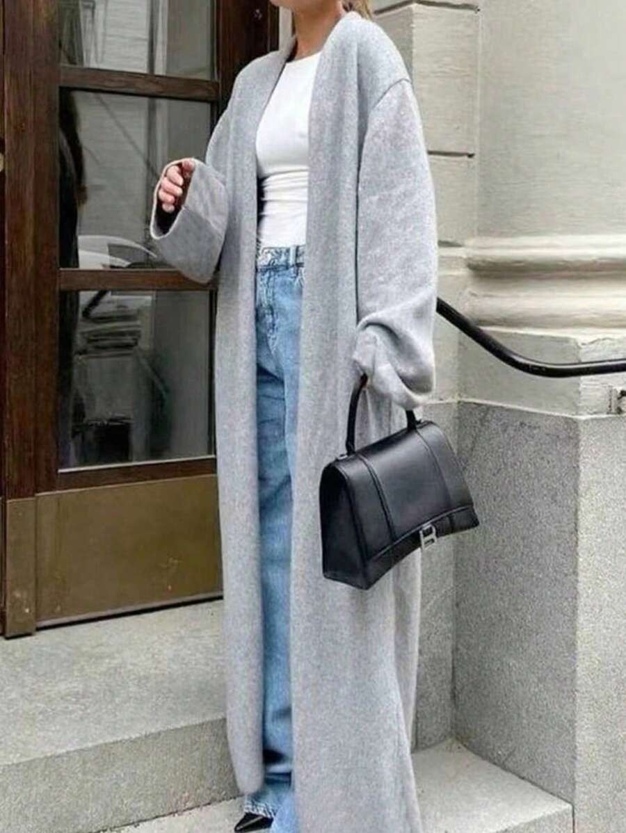 Cardigan maxi de punto acanalado gris, esencial de otoño 2025 para mujer - Silueta holgada y suelta, manga larga, chaqueta lavable - Prenda básica de vestuario de transición, aprobada por celebridades y blogueros - Ropa de mujer para otoño, atuendos para maestras, ropa urbana para mujer
