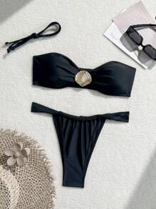 Conjunto de bikini negro para mujer | Top bandeau con cruce en el pecho y aplicaciones doradas con conchas - Traje de baño sexy para escapadas tropicales