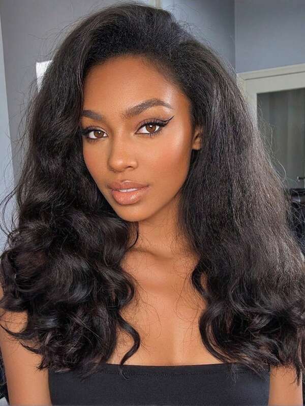 DUOZIMEI Perruque Afro bouclée naturelle noire de 22 pouces avec une partie U/V et des boucles rebondissantes. Cheveux synthétiques crépus et raides sans colle. Demi-perruque à clipser pour femmes sans laisser de côté.