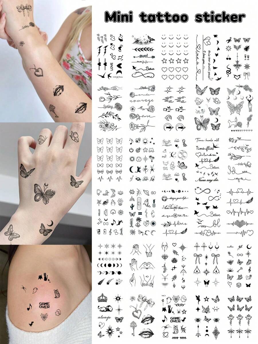 STARTTOOS 30PCS Combination Set Mini Pattern Butterfly Heart Smiling Face Flower Plant Sun Moon Unisex Temporary Tattoo Stickers For Daily Party Holiday Gift Finger Wrist Behind Ear Shoulder Neck Collarbone Body Skin - Black - View 1