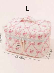 1Pc/Set Bow Knot & Rose Design Quilting Cosmetic Bag, Fashionable Portable Makeup Bag, Multi-Functional Storage Bag For Lipstick, Sanitary Napkin, Coins, Keys Etc, Large Capacity Lovely Wash Bag For Travel Organizer Cosmetic Bag For Travel, Mother's Day Gift, Valentine's Day, Anniversary. Summer Travel, Vacation Home Bathroom Decor Holiday Makeup Organizer Bathroom Accessories Back To School