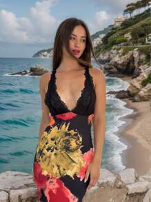 Women's Summer Vacation Floral Print Sexy Lace Patchwork Criss-Cross Backless Spaghetti Strap Dress