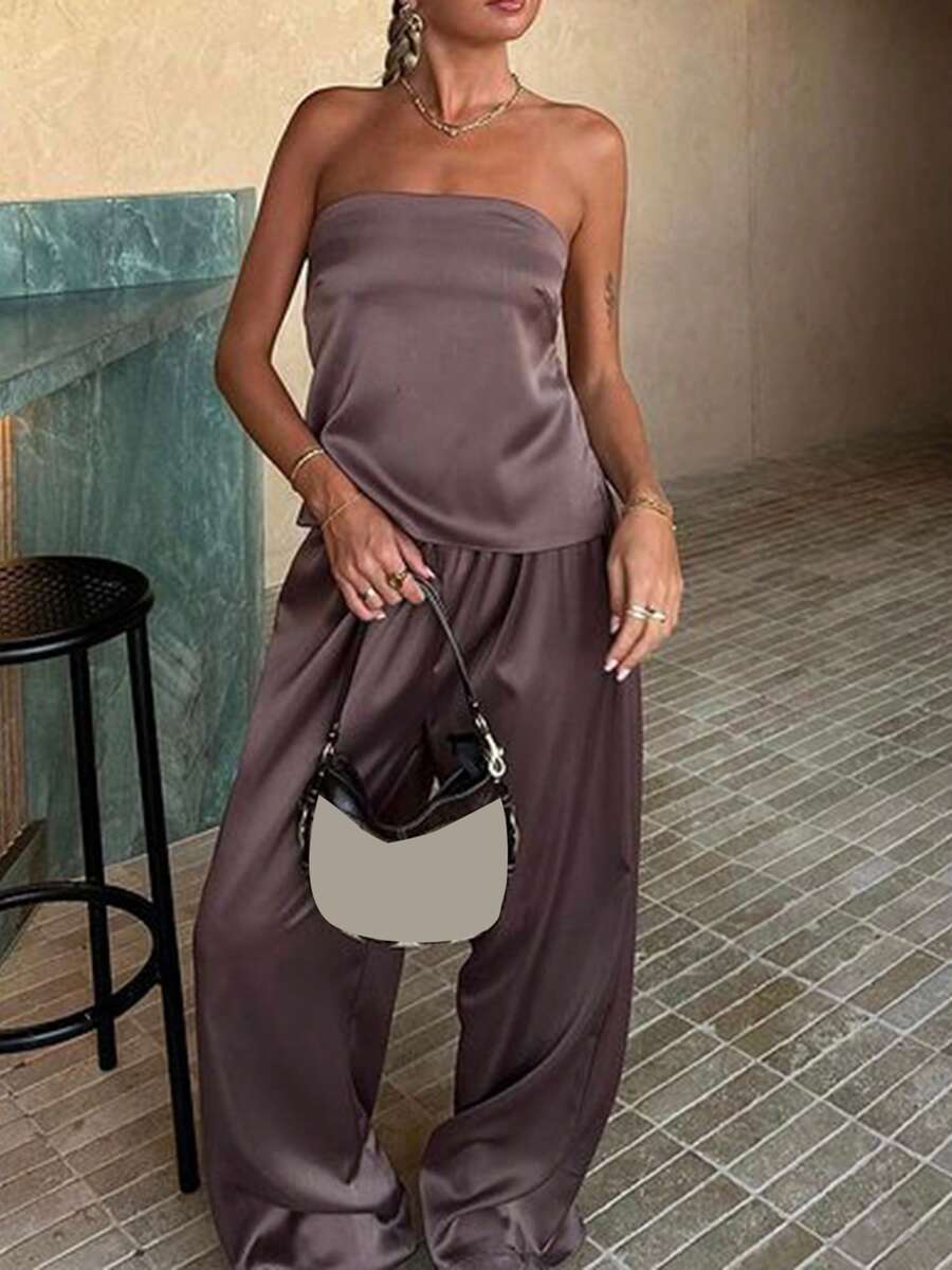 Women 2 Piece Outfits Sets Bandage Backless Bandeau Tops Elastic Wide Leg Pants Sets Streetwear Aesthetic Clothes - Purple - View 1