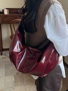 勃艮第复古蜡油 PU 皮革褶皱单肩包，休闲百搭，女士斜挎包，大容量，适合通勤、约会、购物，新月形，时尚勃艮第包