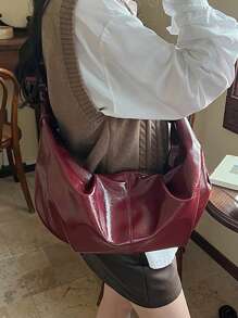 勃艮第复古蜡油 PU 皮革褶皱单肩包，休闲百搭，女士斜挎包，大容量，适合通勤、约会、购物，新月形，时尚勃艮第包