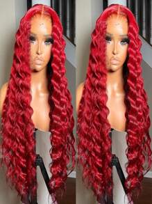 websterwigs 13 英寸 X 4 英寸短款蕾丝前部合成假发，24 英寸红色蕾丝前部假发，预拔发际线，耐热纤维发，丝滑直发假发，适合女性、角色扮演、派对、日常穿着 - 紅色 - 查看 7