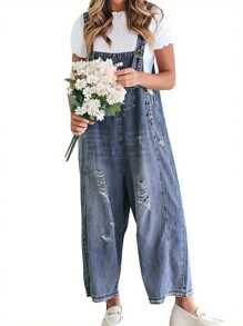 Women Denim Overalls Ripped Jean Jumpsuits Vintage Casual Streetwear Adjustable Strap Baggy Romper With Pockets - 寶藍色 - 查看 5