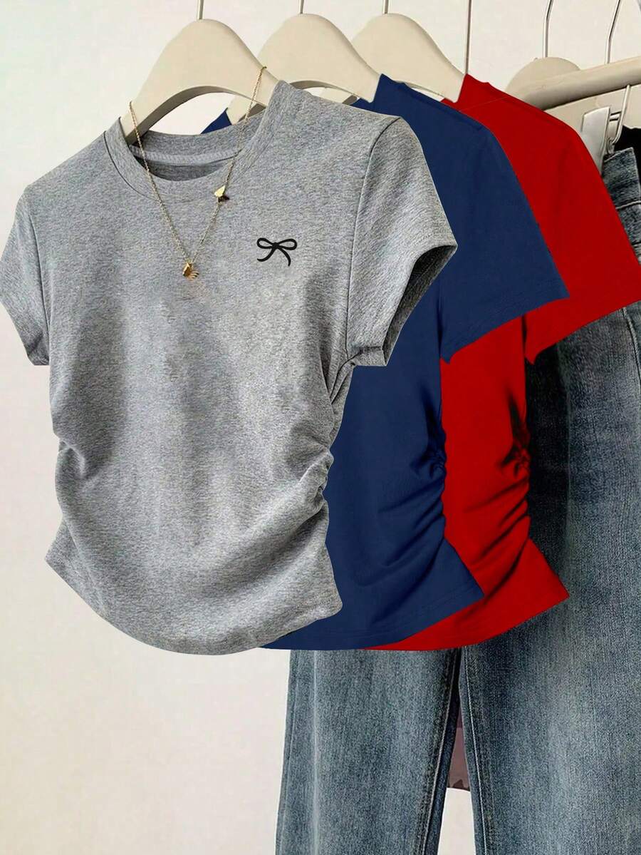 3pcs Women Casual Slim Fit Butterfly Print Detail Simple Solid Color Ruched Crew Neck Short Sleeve T-Shirt Set Summer - Multicolor - View 1