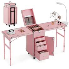 Manicure Trolley With Table, Manicure Table Foldable Traveling Nail Desk With Storage, Worktable And Mirror, Cosmetic Case Nail Table - 粉紅色-雙桌 - 查看 2