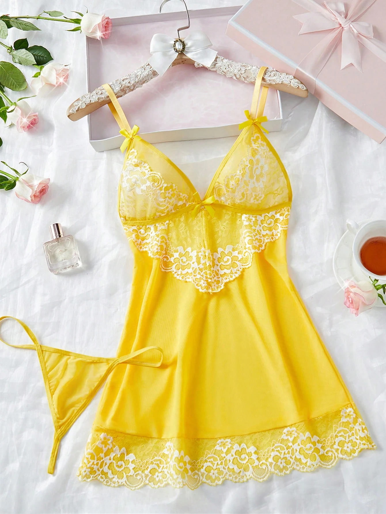 Women Sexy Lingerie Lace Babydoll Thong Nightgown Revealing Hollow Out Sleepwear